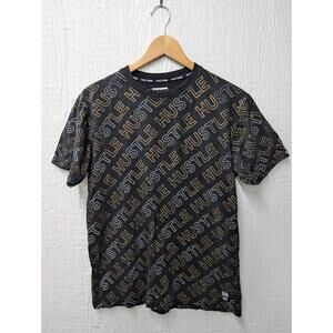 Phat Farm Graphic Allover Print Hustle Black Gold Cotton T-shirt Y2K Men's Small